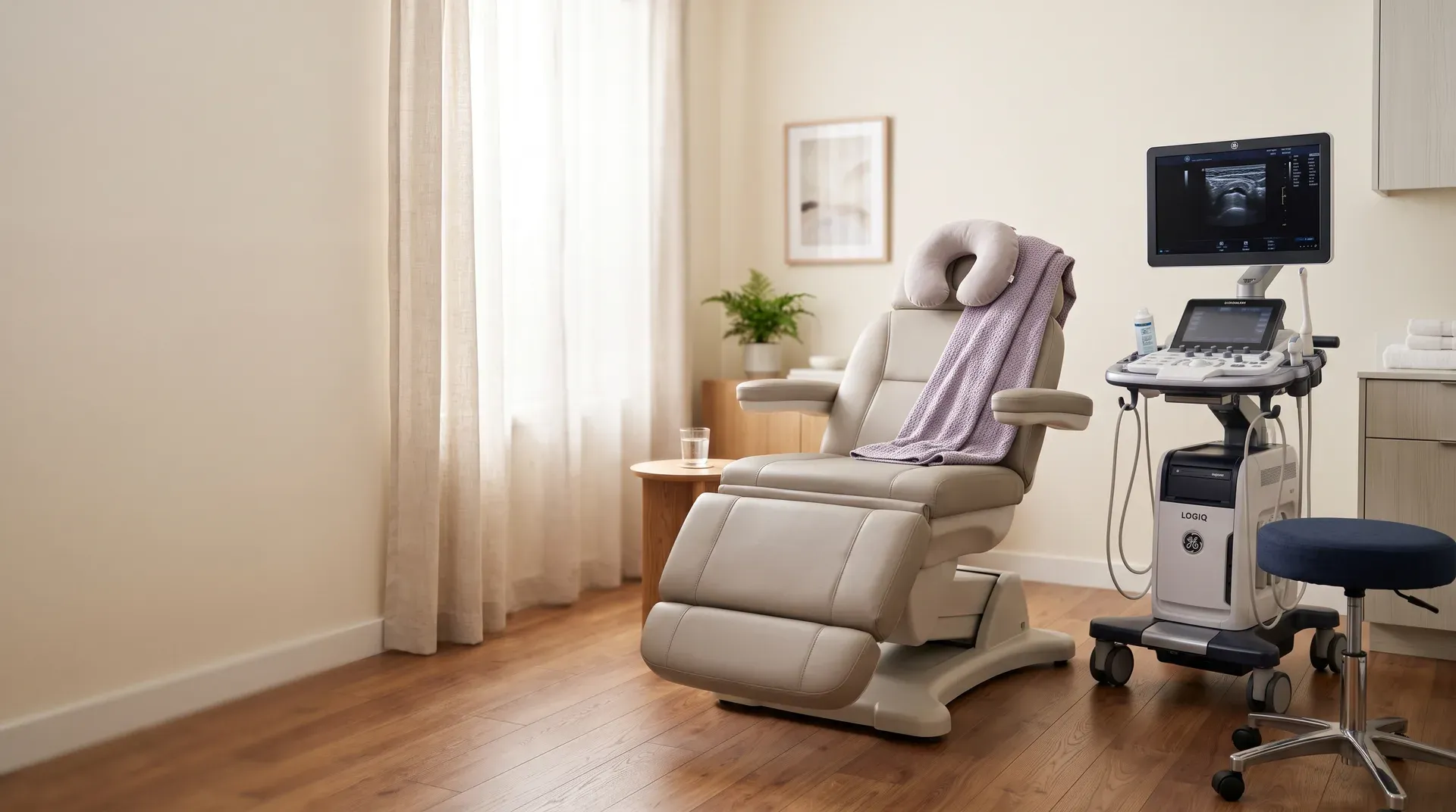 A treatment chair and ultrasound machine in the Millburn office